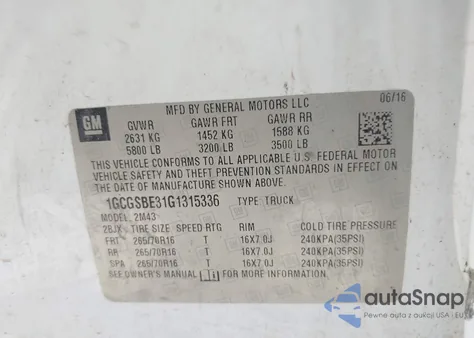 2016 Chevrolet Colorado Wt z USA, uszkodzony, nr VIN 1GCGSBE31G1315336